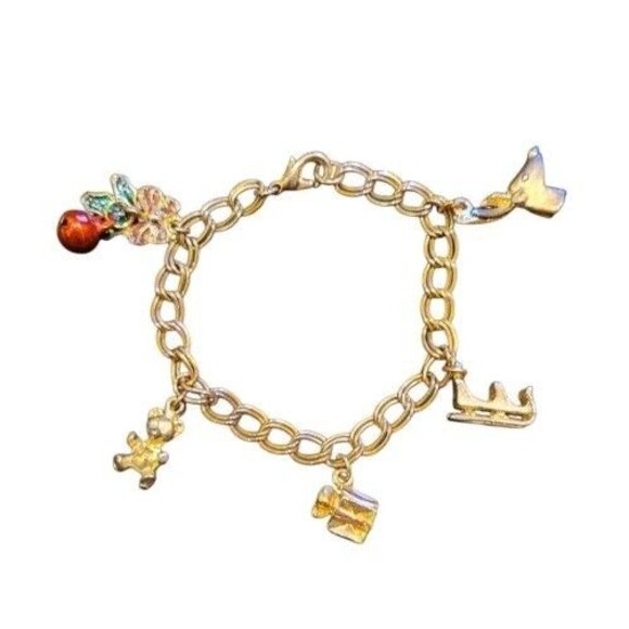 Christmas Reindeer Sleigh Present Teddy Bear Holly Bell Charm Bracelet 6.5 in - Picture 2 of 7